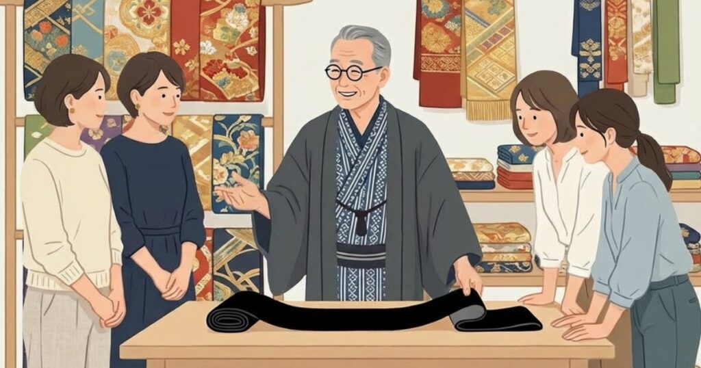 着物姿の男性が帯の説明をしている様子