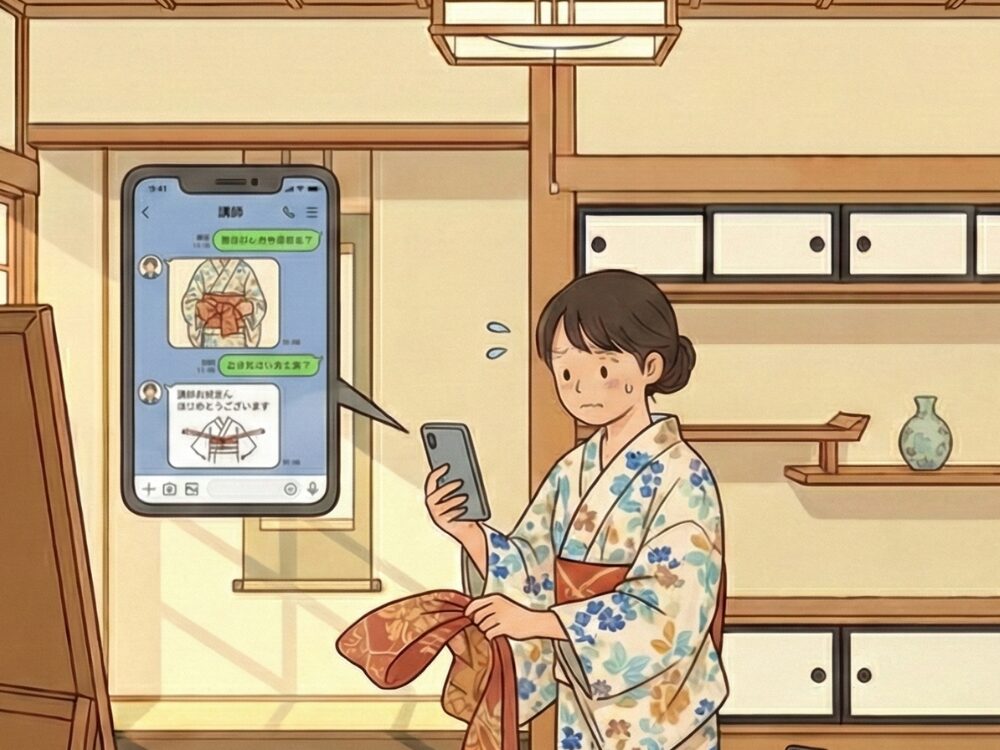 LINEで着付けの質問をする女性