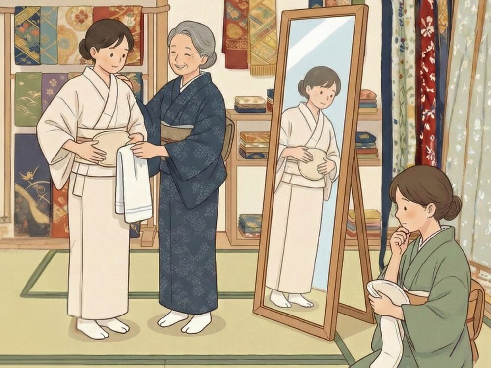 鏡の前で補正方法を教えてもらう女性