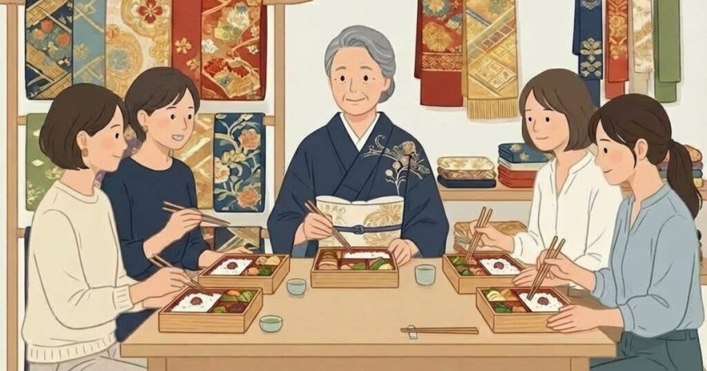 お弁当を食べる講師と生徒