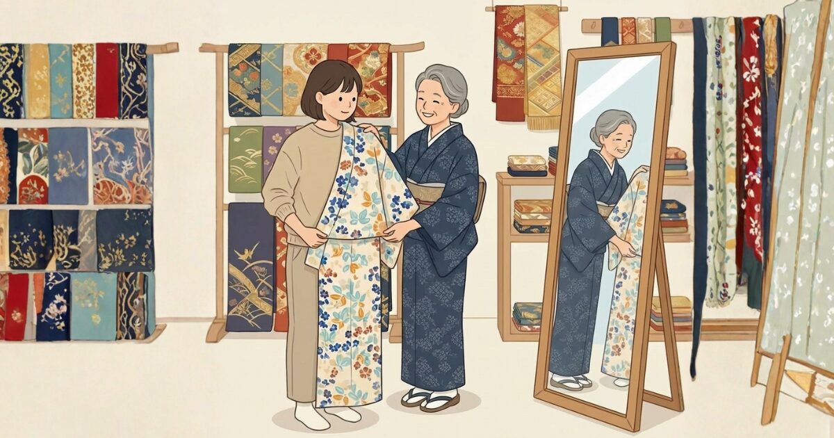 鏡の前で着物を当てる女性