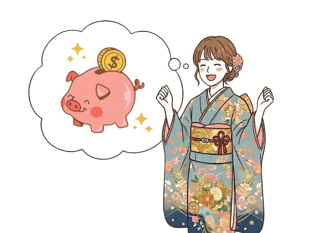 貯金をして喜ぶ着物の女性