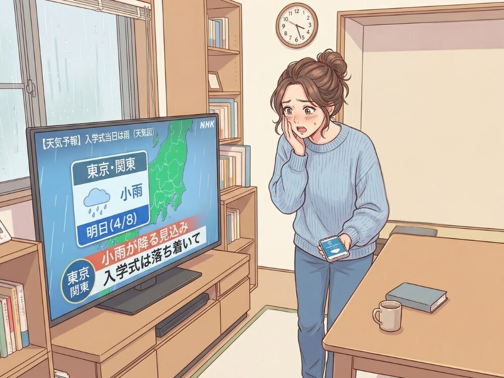 天気予報を見て焦る女性