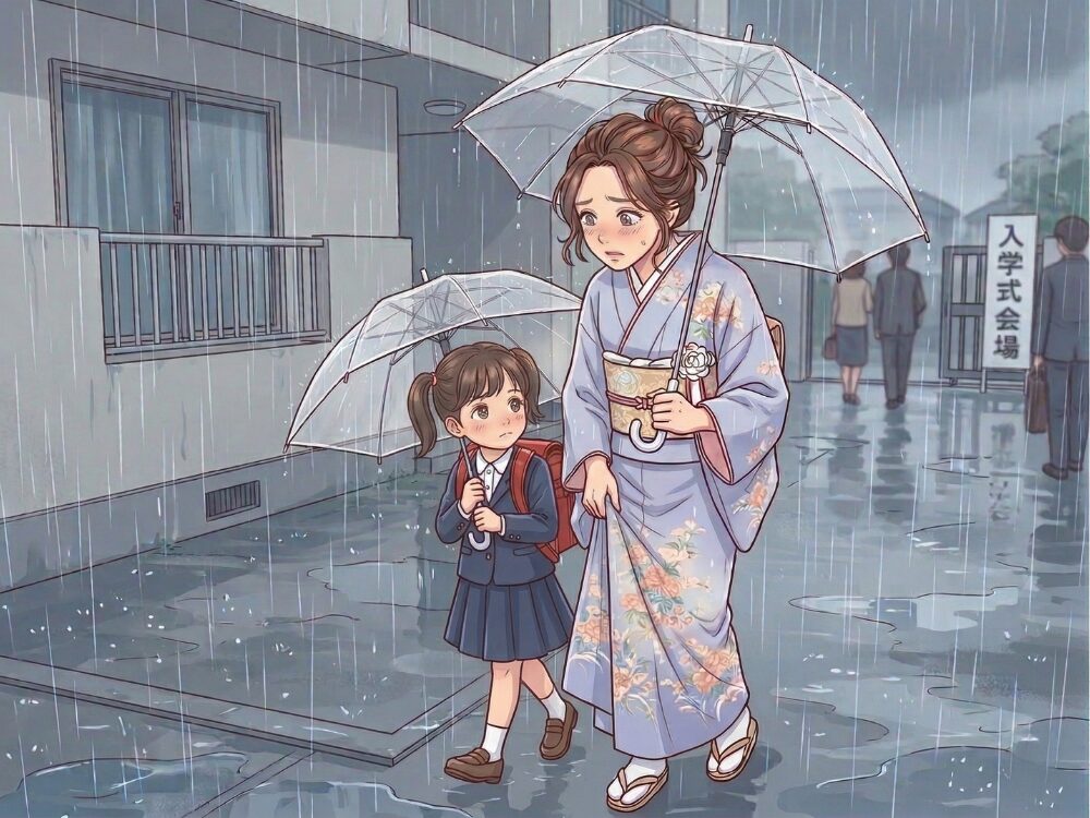 大雨の中、着物で歩く女性