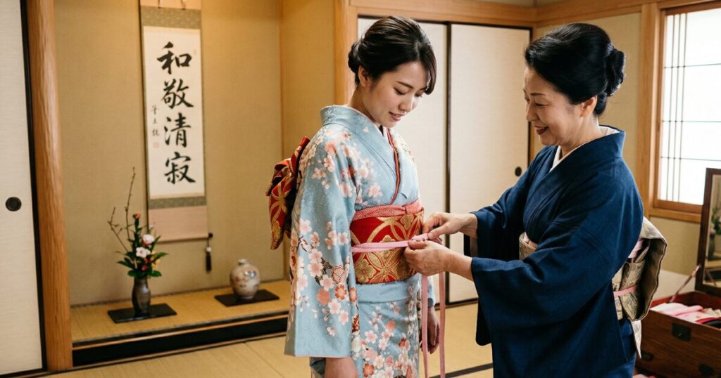 マンツーマンで着付けを教えてもらう女性