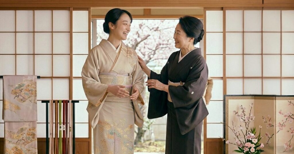 談笑する着物姿の女性