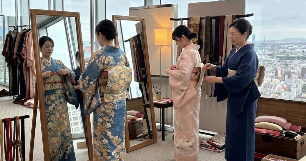 2人で着付けのレッスンを受ける女性