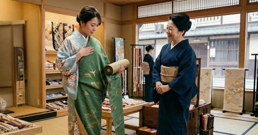 半物をあてる女性