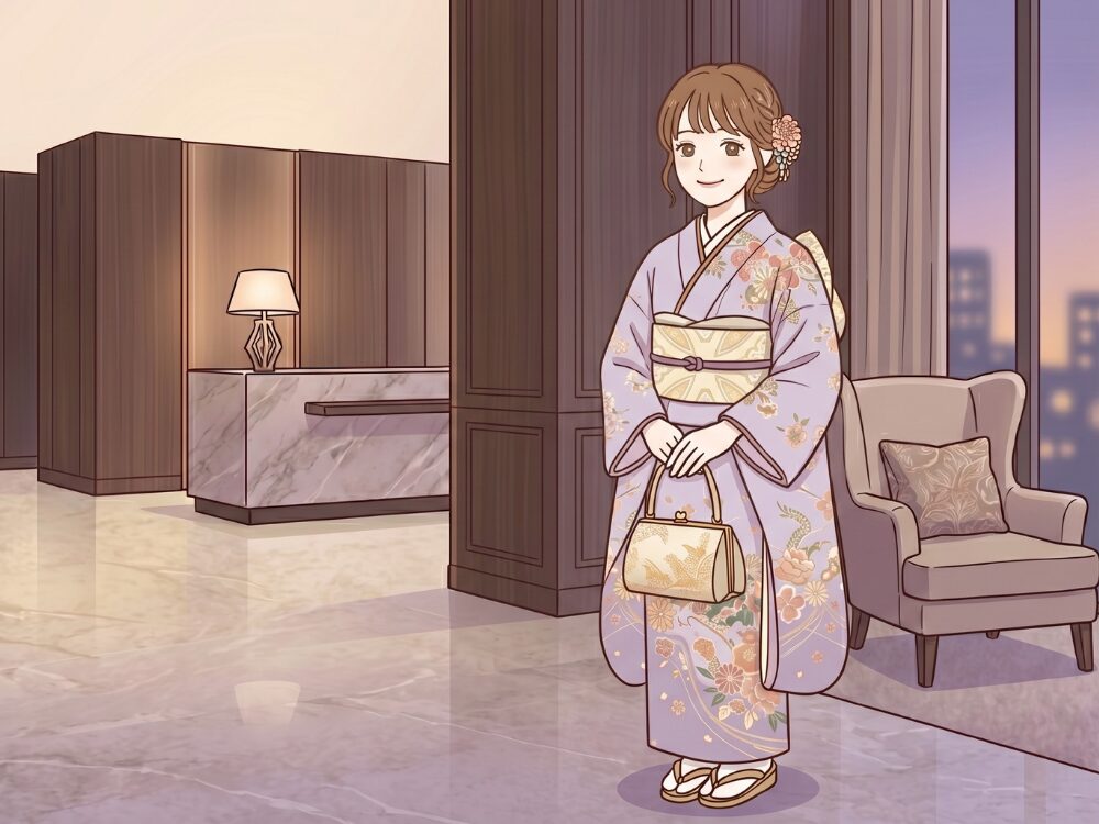 着物姿でほほ笑む女性のイラスト